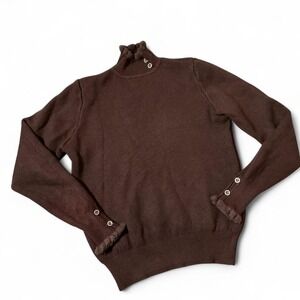 Chic Brown Turtleneck Sweater with Button‎ Detail and Fringed Cuffs Warm